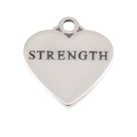 Sterling Silver Heart Charm with Top Loop, STRENGTH Sterling Silver Heart Charm with Top Loop, STRENGTH