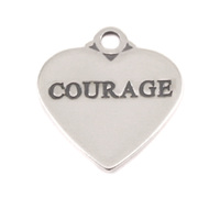 Sterling Silver Heart Charm with Top Loop, COURAGE Sterling Silver Heart Charm with Top Loop, COURAGE