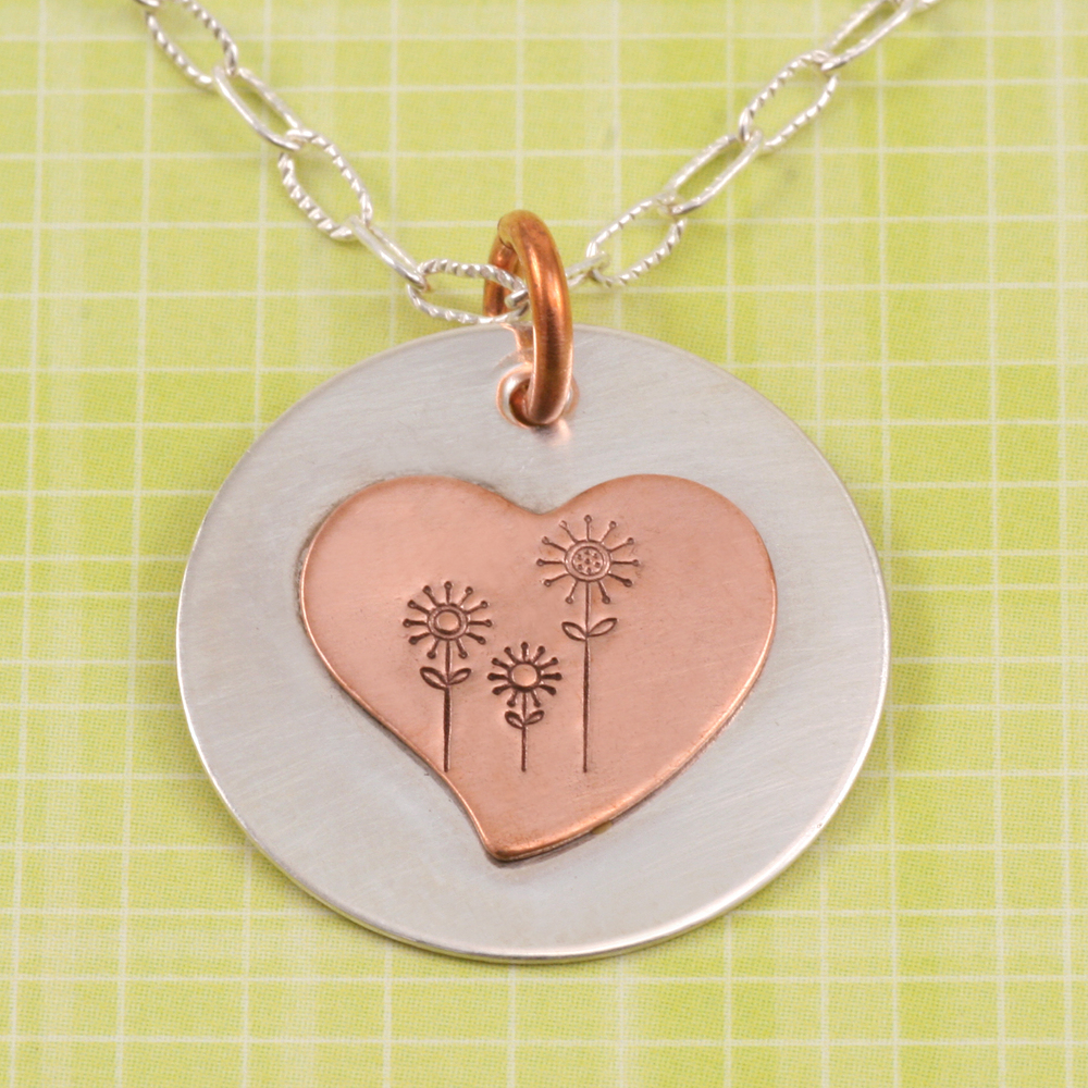 Metal Stamping Blanks Soldered Copper Stylized Heart on S/S Circle 7/8"