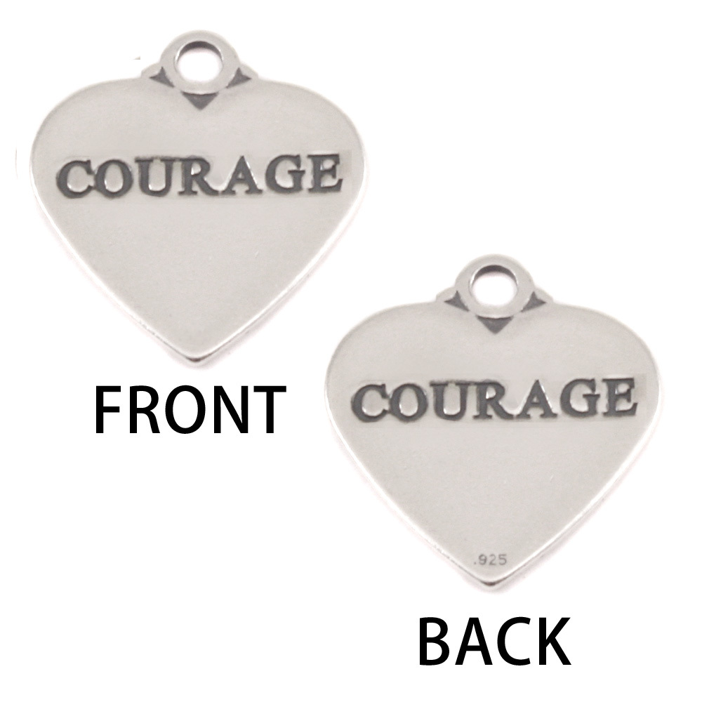 Charms & Solderable Accents Sterling Silver Heart Charm with Top Loop, COURAGE