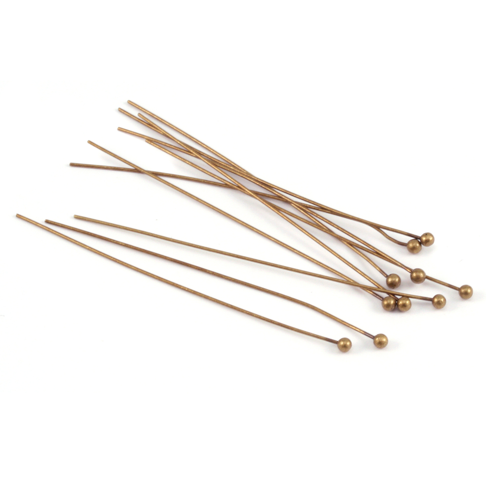 Rivets, Findings & Stringing Antique Brass Balled Head Pins 2" (51.5mm), 24 gauge pack of 10