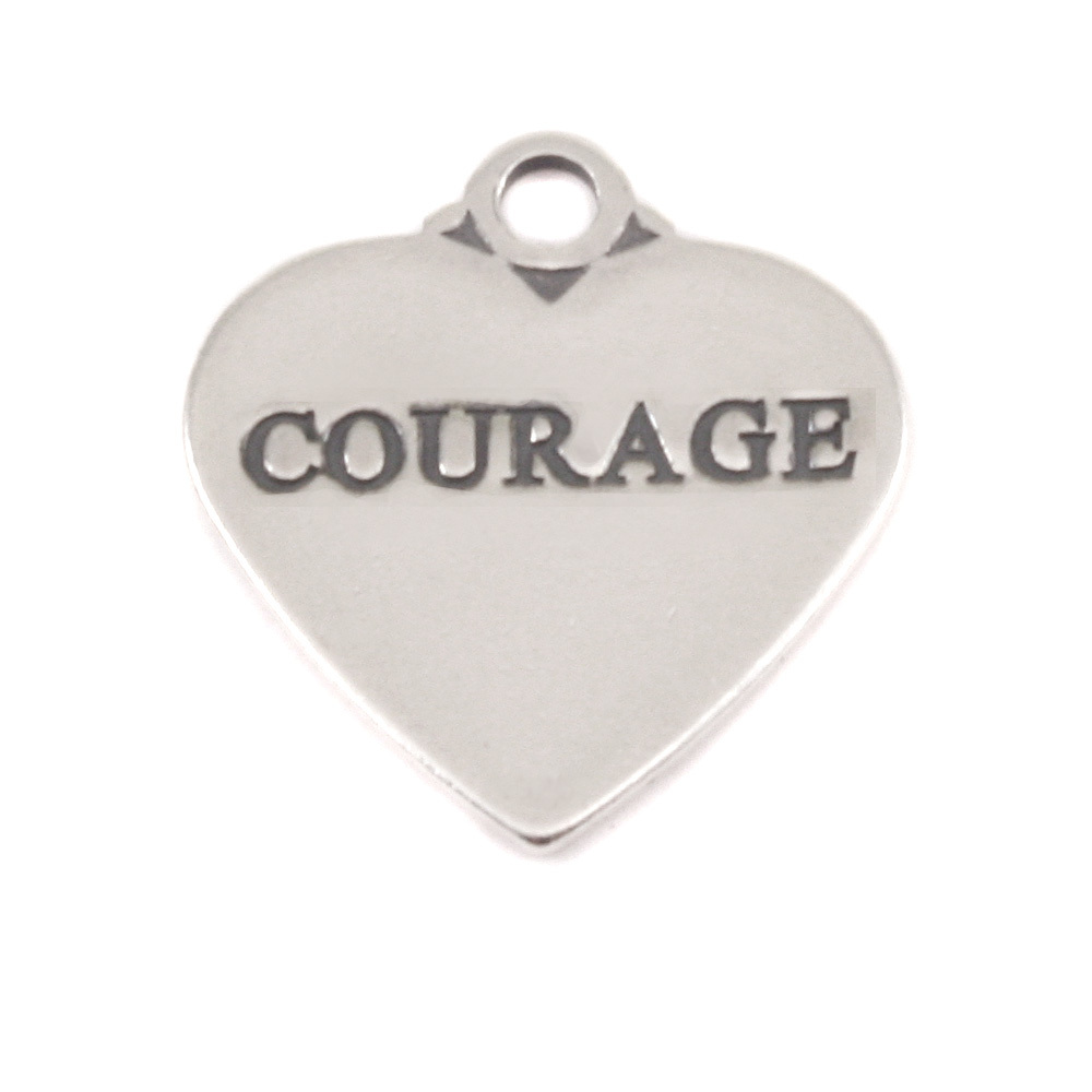 Charms & Solderable Accents Sterling Silver Heart Charm with Top Loop, COURAGE